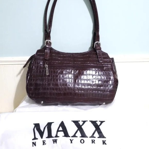 NEW MAXX New York Chestnut Red 100% Croco Embossed Leather Shoulder Bag Purse - Picture 3 of 16